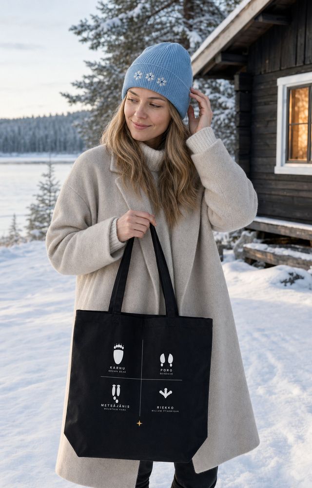 A woman outside a snow-covered cabin in a Snowfall beanie, carrying the animal-tracks tote