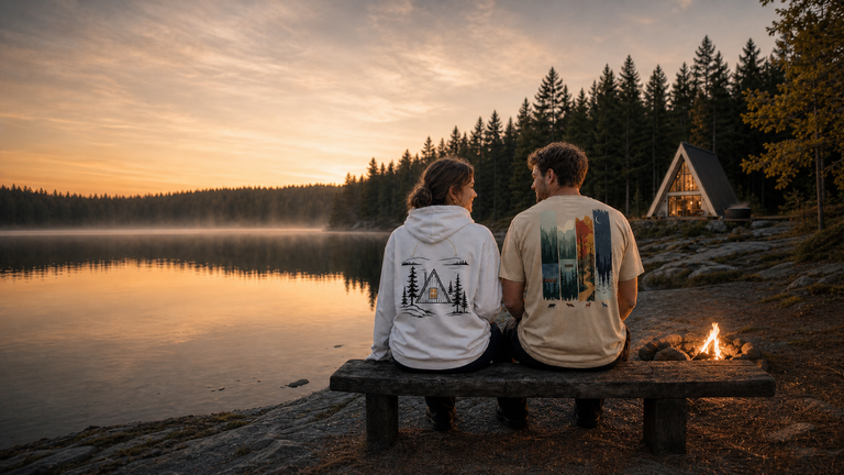 A couple on a bench by a still lake at golden hour, campfire beside them and an A-frame cabin at the treeline
